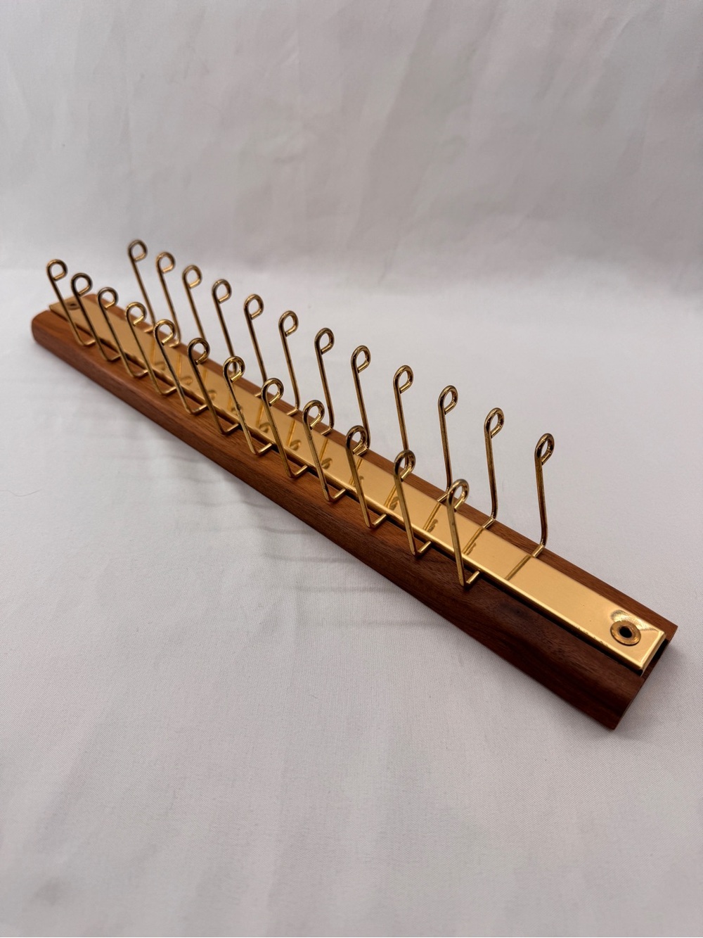 Vintage MCM Walnut Brass Wall Mounted Tie Belt Rack Closet Organizer 24 Hook